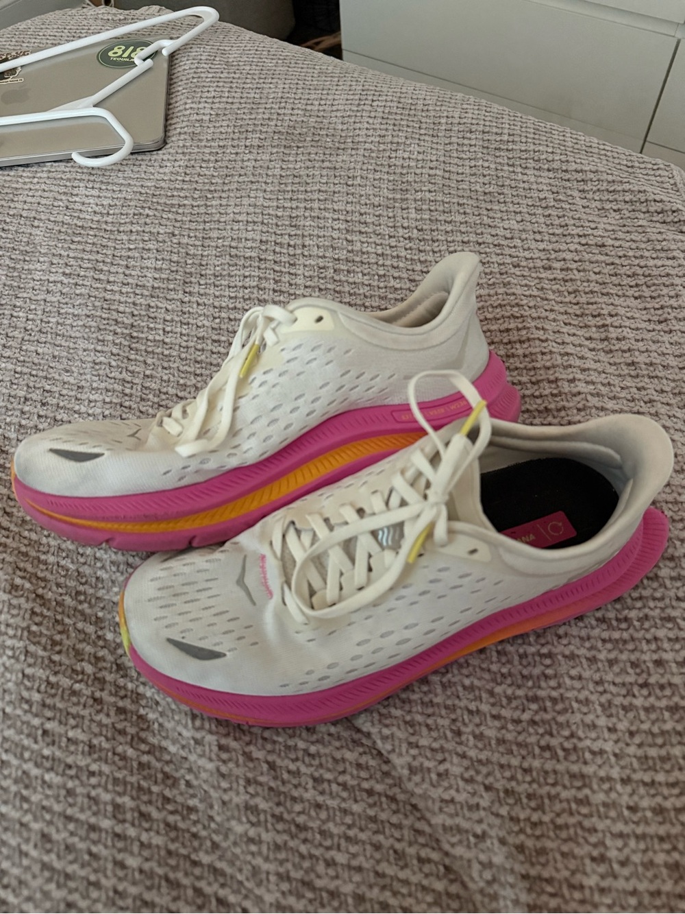 Hoka Women's Cream Running Shoes with Pink and Yellow Accents